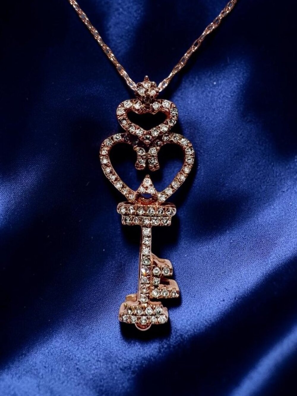 10K Rose Gold Natural Diamond Necklace 1/6ct Diamond Heart Key Pendant 18" 1.6g